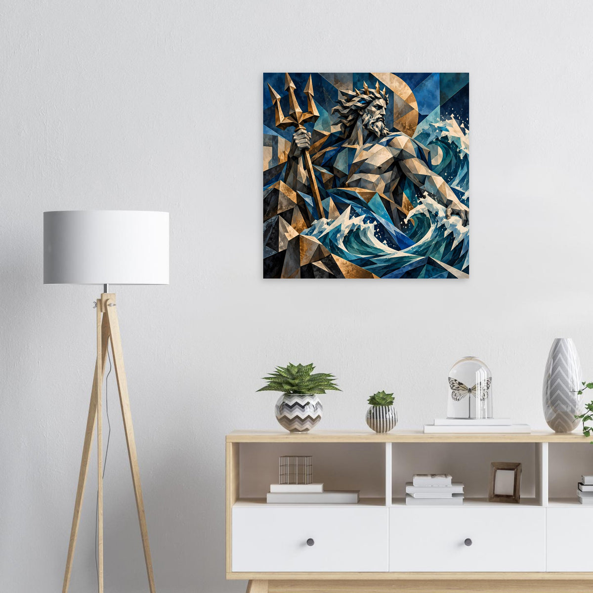 Quadratisches Mythologie-Poster mit Poseidon in Ozeanblau und Gold, dynamische Dreiecke