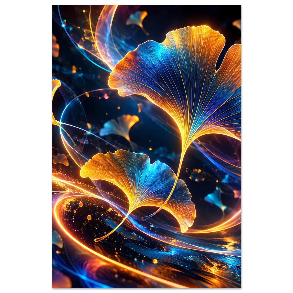 Vertikales Ginkgo-Poster mit leuchtenden blau-goldenen Blättern und goldenen Lichtkurven