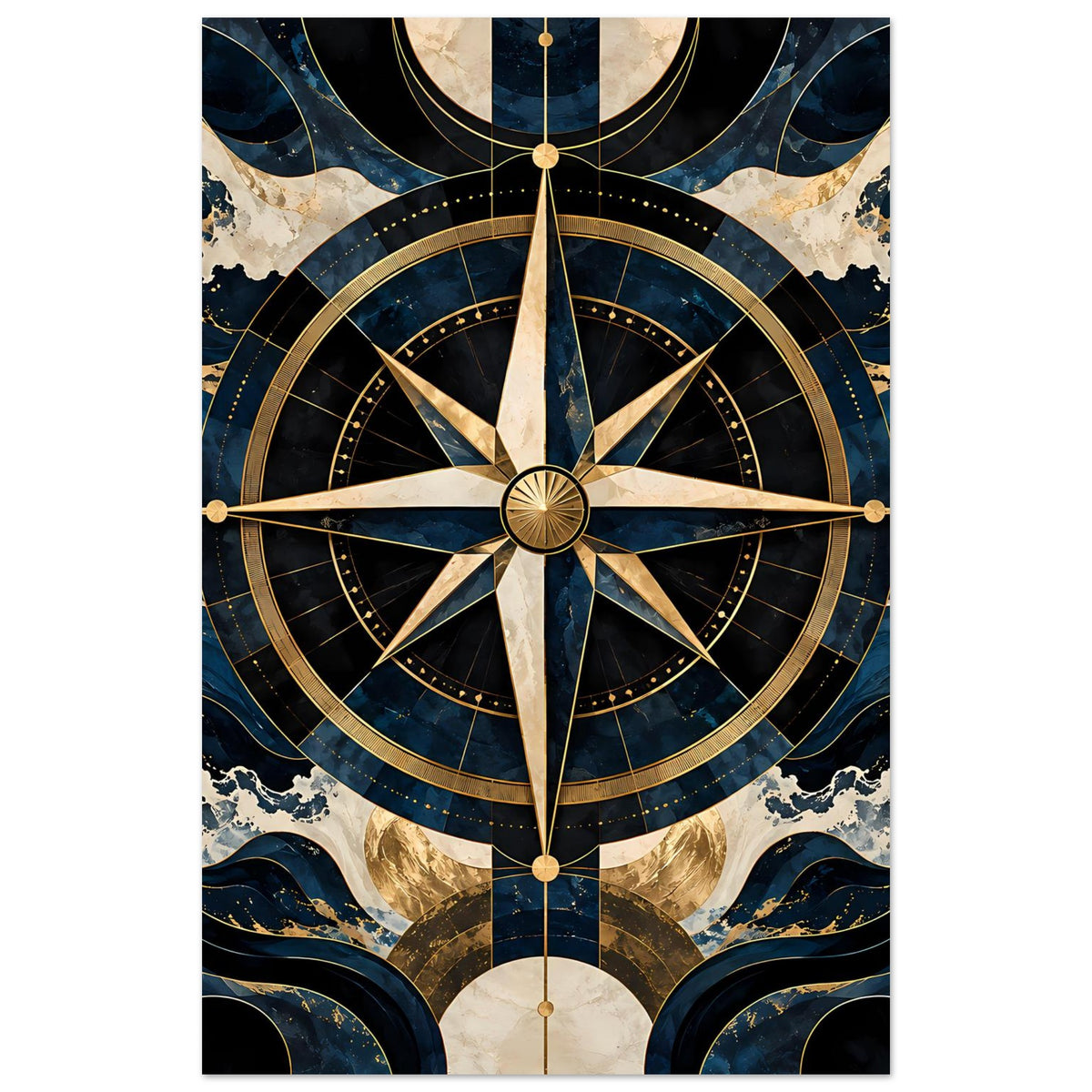 Maritimes Navigationsposter: goldener Kompassstern mit Kreislinien in Blau und Gold
