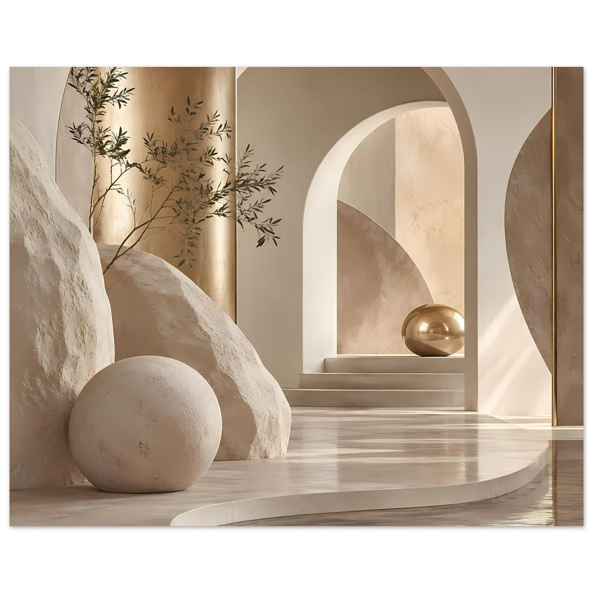 Architekturposter mit Bögen und Pflanzenzweigen sowie goldener Kugel, Beige-Goldtöne