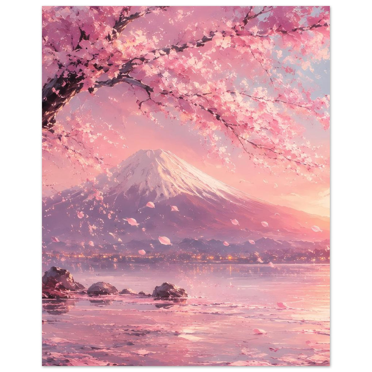 Poster mit Kirschblüten-Detailzweigen, Fuji und rosafarbenem Wasser bei Dämmerung.