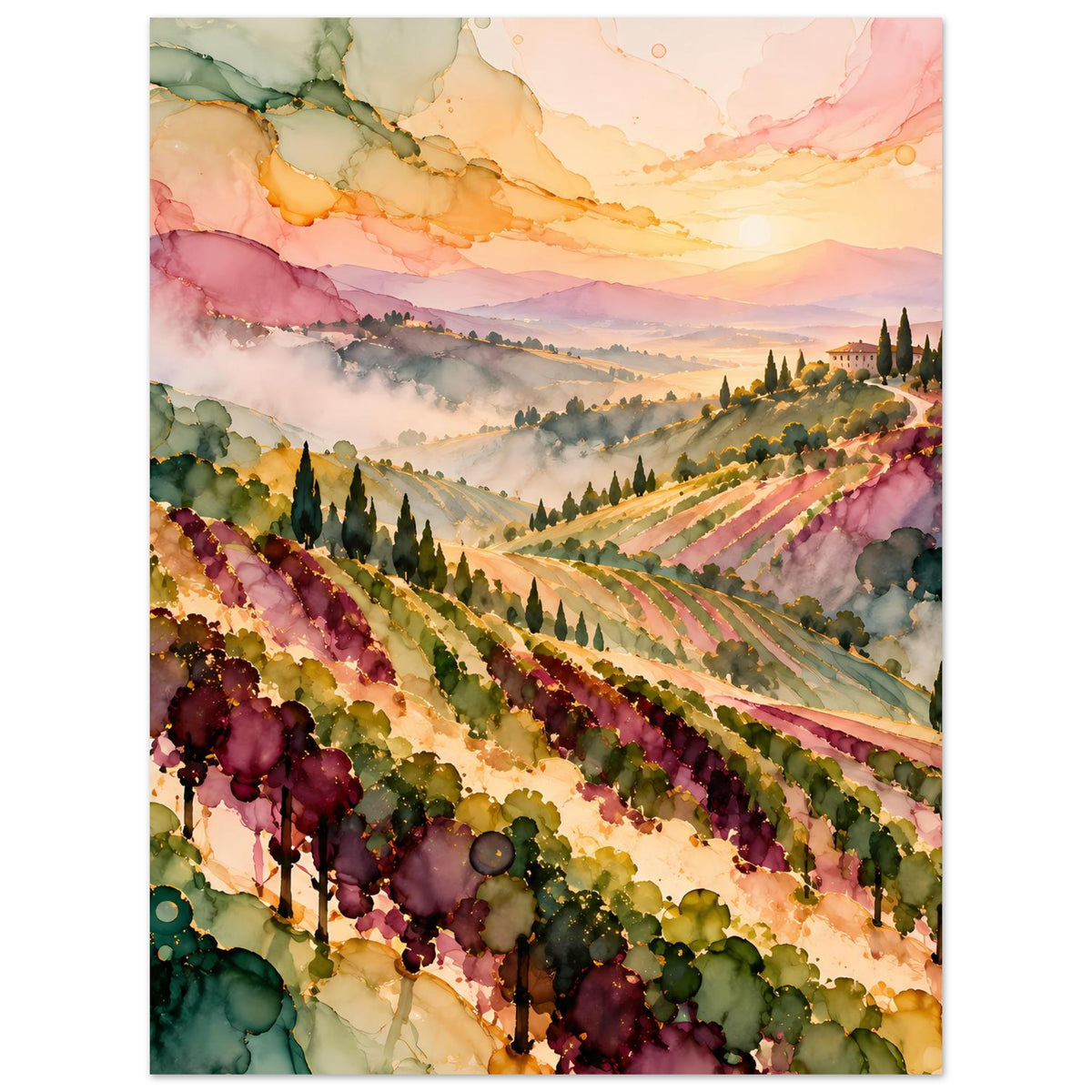 Landschaftsposter mit Weinbergen: Rebenreihen und Hügel, warmes Abendlicht in Rosa-Gelb-Grün