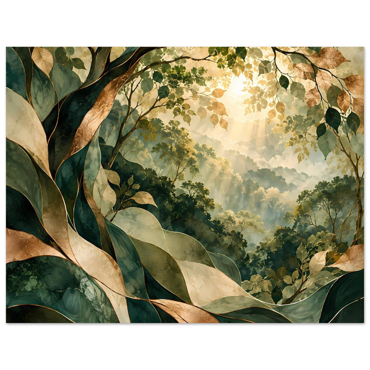 Naturposter (Querformat) mit Baumkrone, grünen Blättern und warmen Goldtönen im Hintergrund.