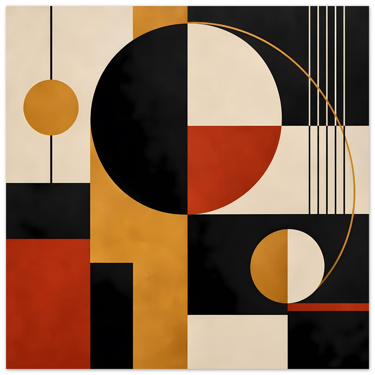 Geometrischer Kunstdruck mit großem Kreis, kleinem Kreis, vertikalen Linien und hängendem Punkt in Rot.