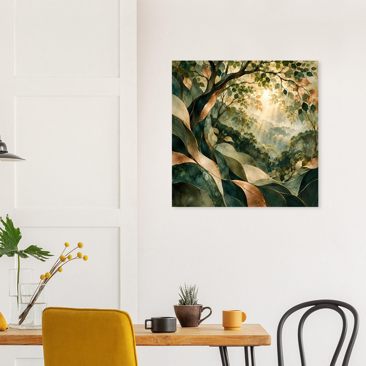 Quadratisches Natur-Poster mit farbigen Blattzweigen, Grün und goldenem Licht