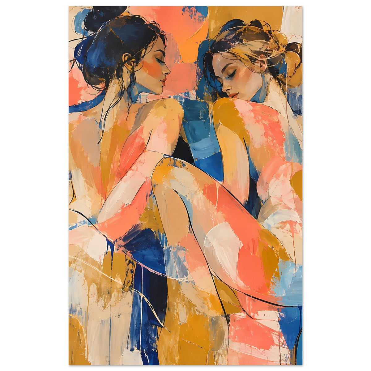 Kunstposter mit abstraktem Figurenpaar, zwei Frauen in Blau und Koralle, Blickwechsel.