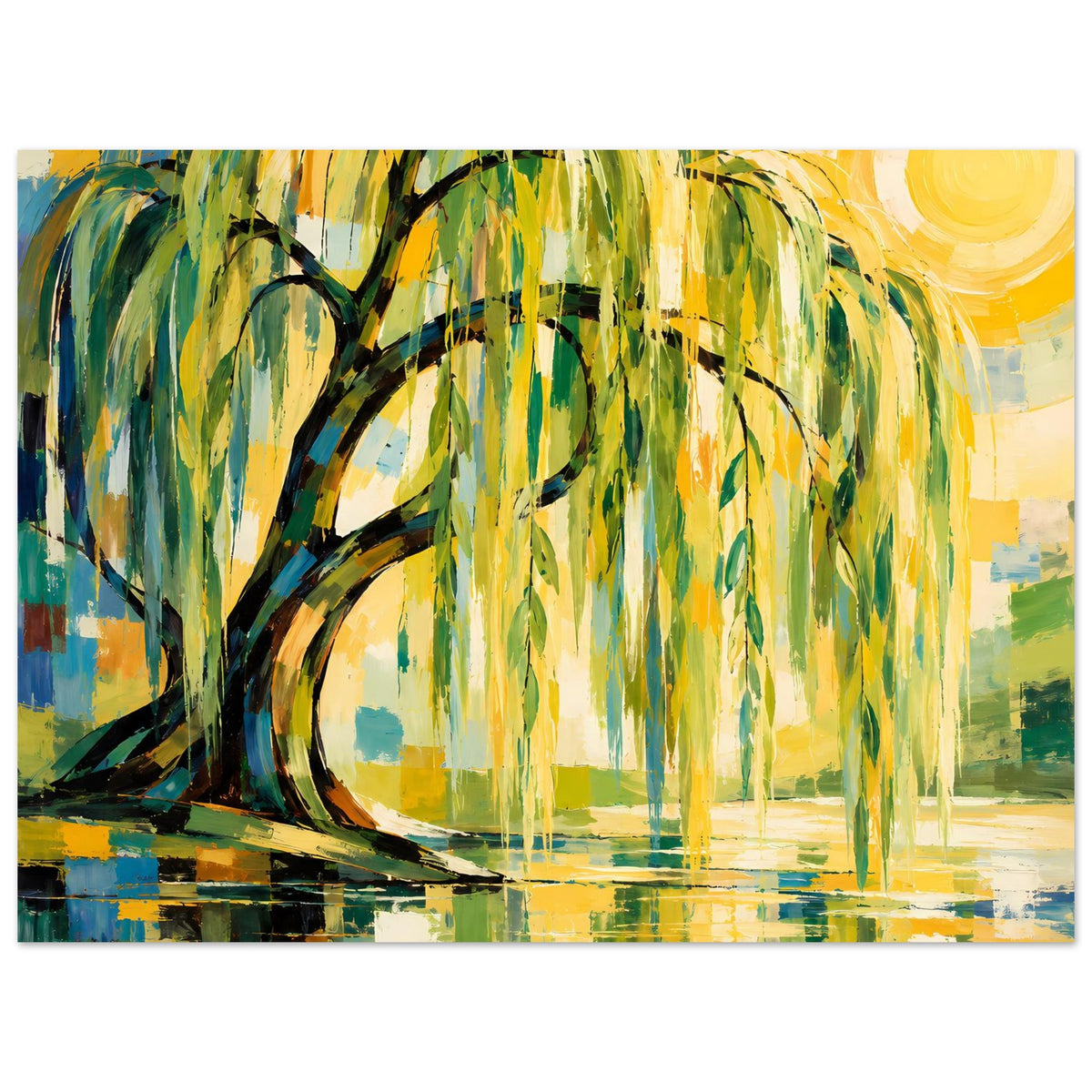 Poster mit Weidenbaum und langen grünen Trieben, gelber Sonne und Wasserreflexion