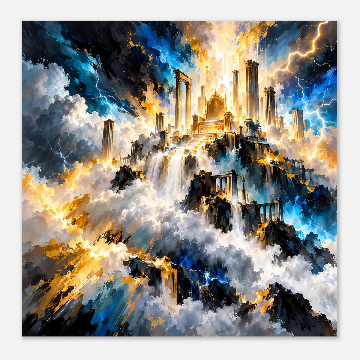 Fantasy-Poster: gold-weiße Wolken, blaue Berge und Türme mit Gewitterblitzen, hochformat