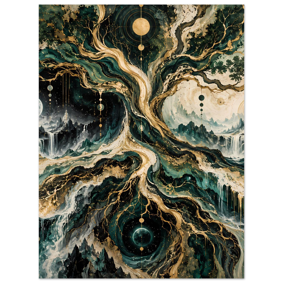 Poster mit kosmischem Baum, goldene Äste, Sterne und Mondelementen, dunkelgrüne Farbgebung