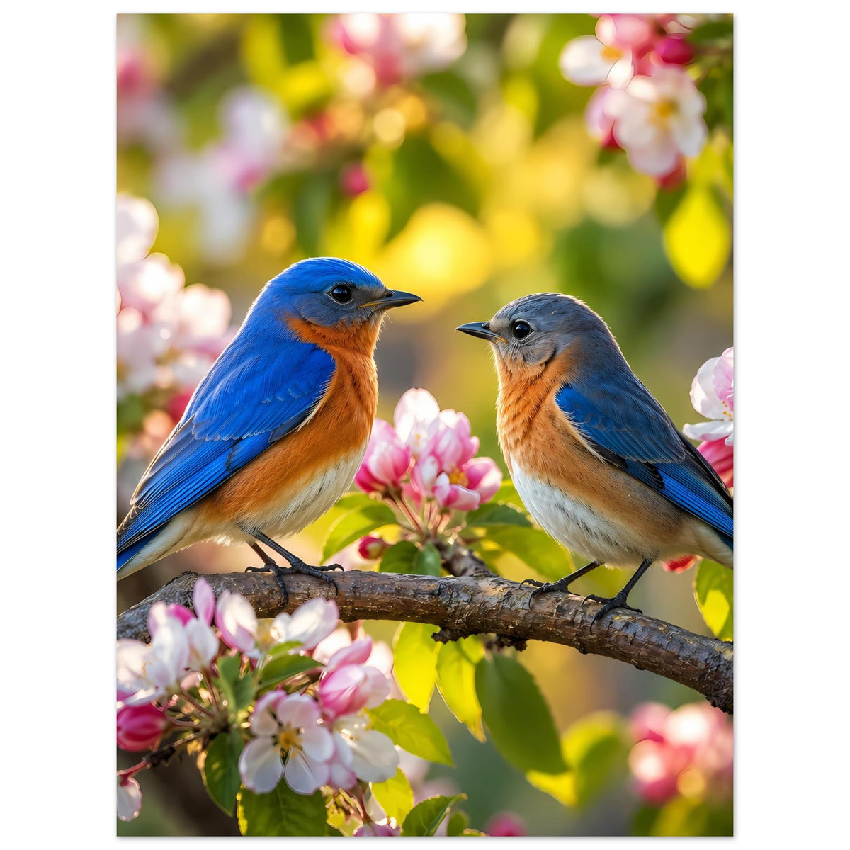 Poster mit zwei Blaumeisen auf Ast zwischen pinken Frühlingsblüten