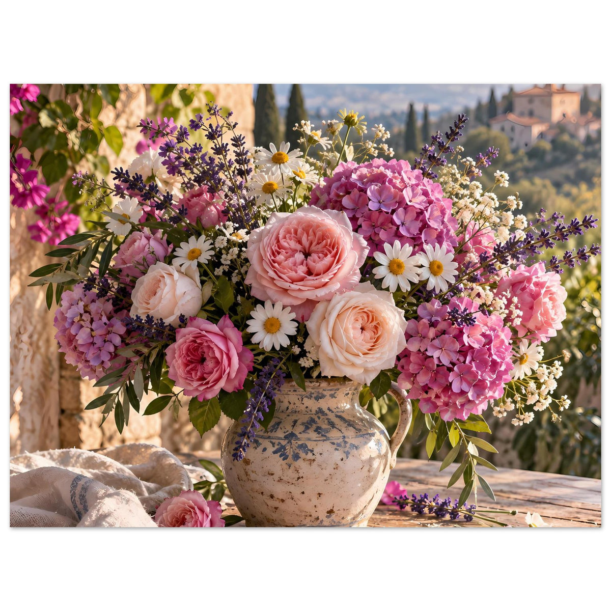 Blumenposter mit buntem Blumenstrauß und Keramikvase