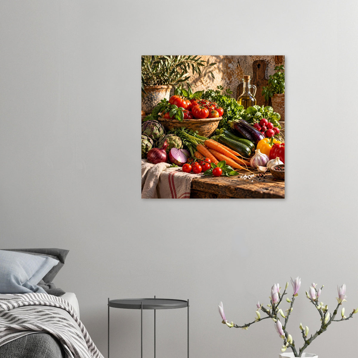 Kleines gerahmtes Küchenposter mit Gemüsebild: Tomaten, Kräuter, Ölflasche und Wurzelgemüse