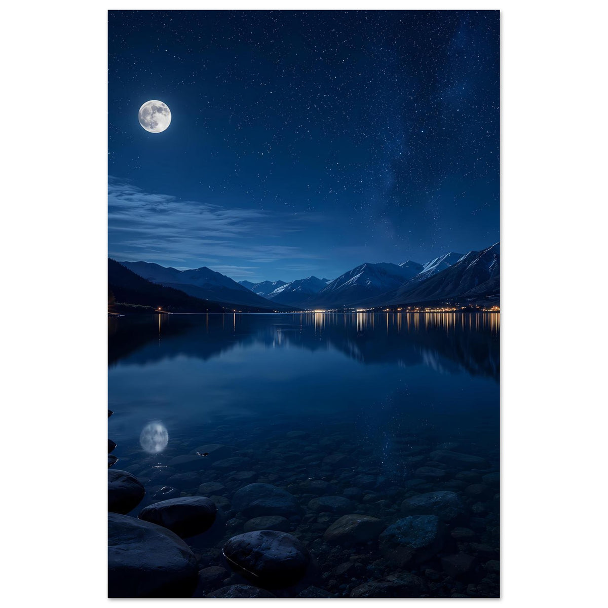 Poster mit Mond über Bergsee bei Nacht, reflektierende Lichter und felsiges Ufer