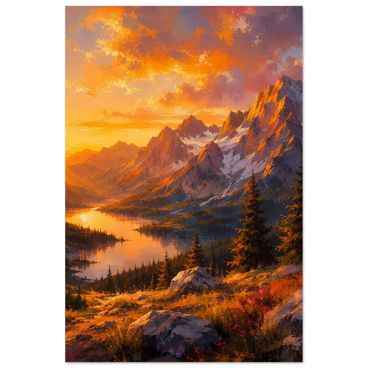 Vertikales Poster mit Sonnenuntergang über Bergen und spiegelndem See
