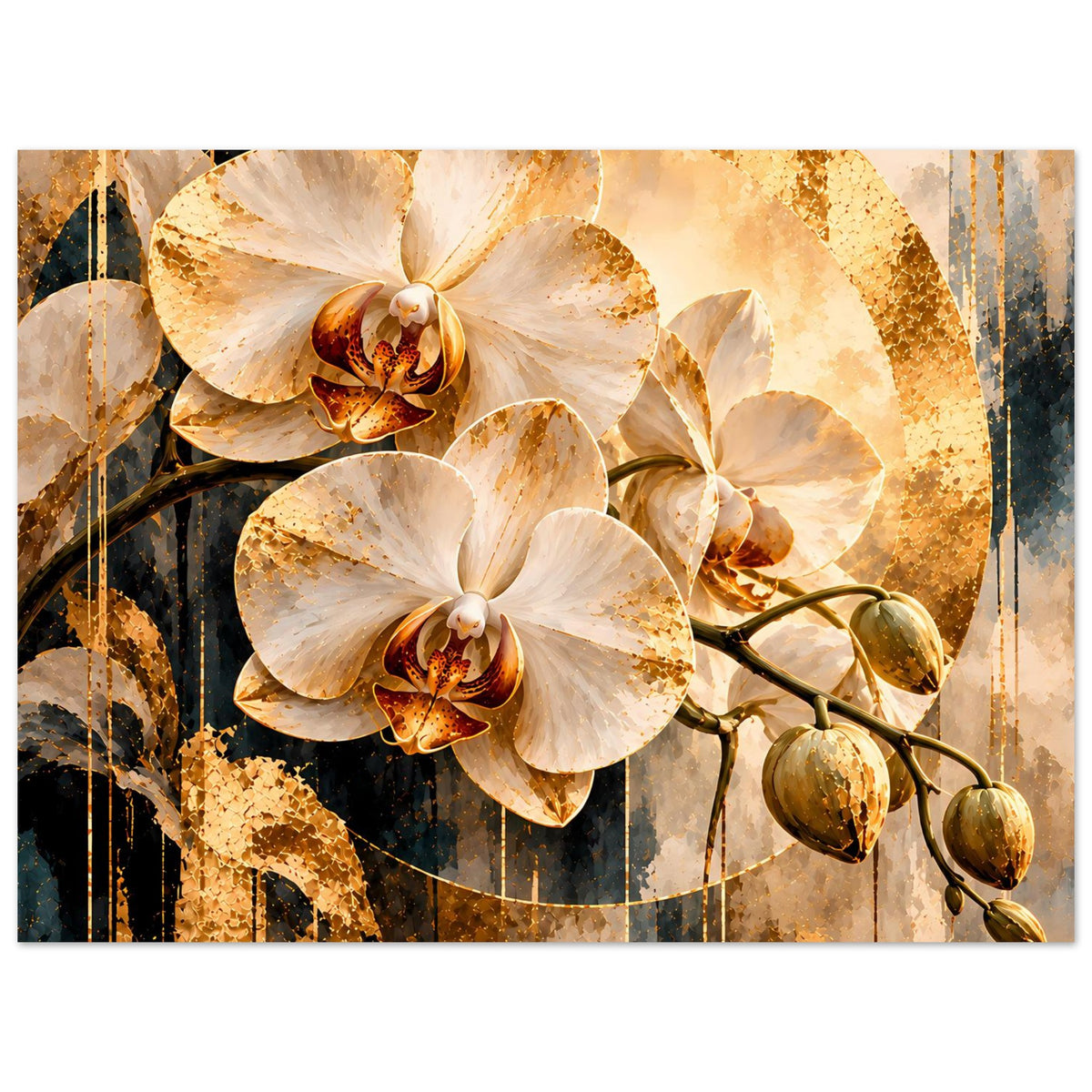 Orchideen-Kunstposter im Querformat: mehrere weiße Blüten, goldene Kreisfläche und goldbraune Knospen