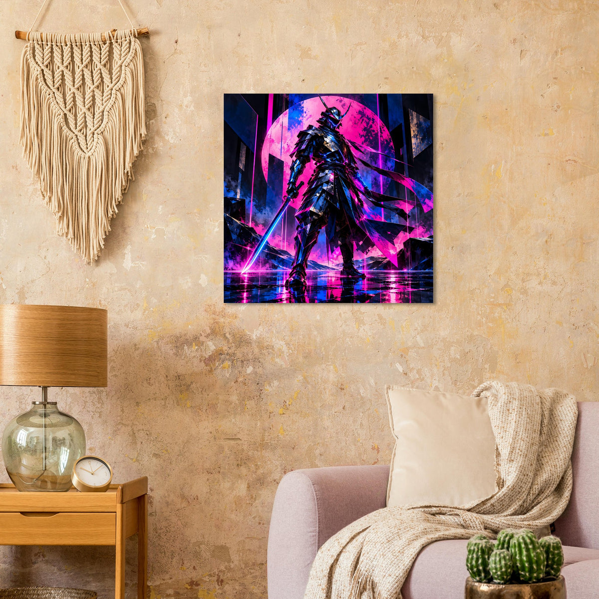 Cyberpunk-Poster mit Samurai-Krieger, Neon-Pink/Blau und Lichtschwert vor rundem Portal