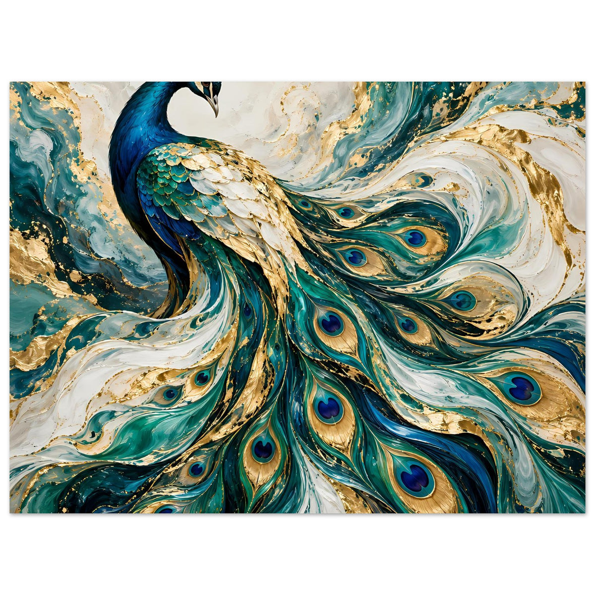 Pfau-Kunstposter, Querformat: detailreicher blauer Pfau mit Federwirbeln in Petrol- und Goldtönen