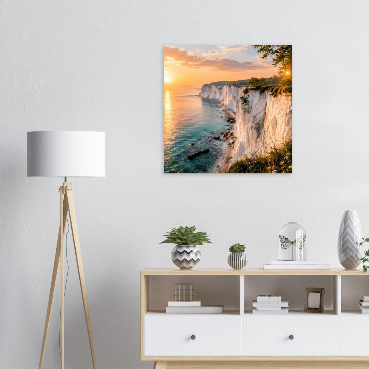Quadratisches Poster: Sonnenuntergang an der Steilküste mit Meer und Felsen