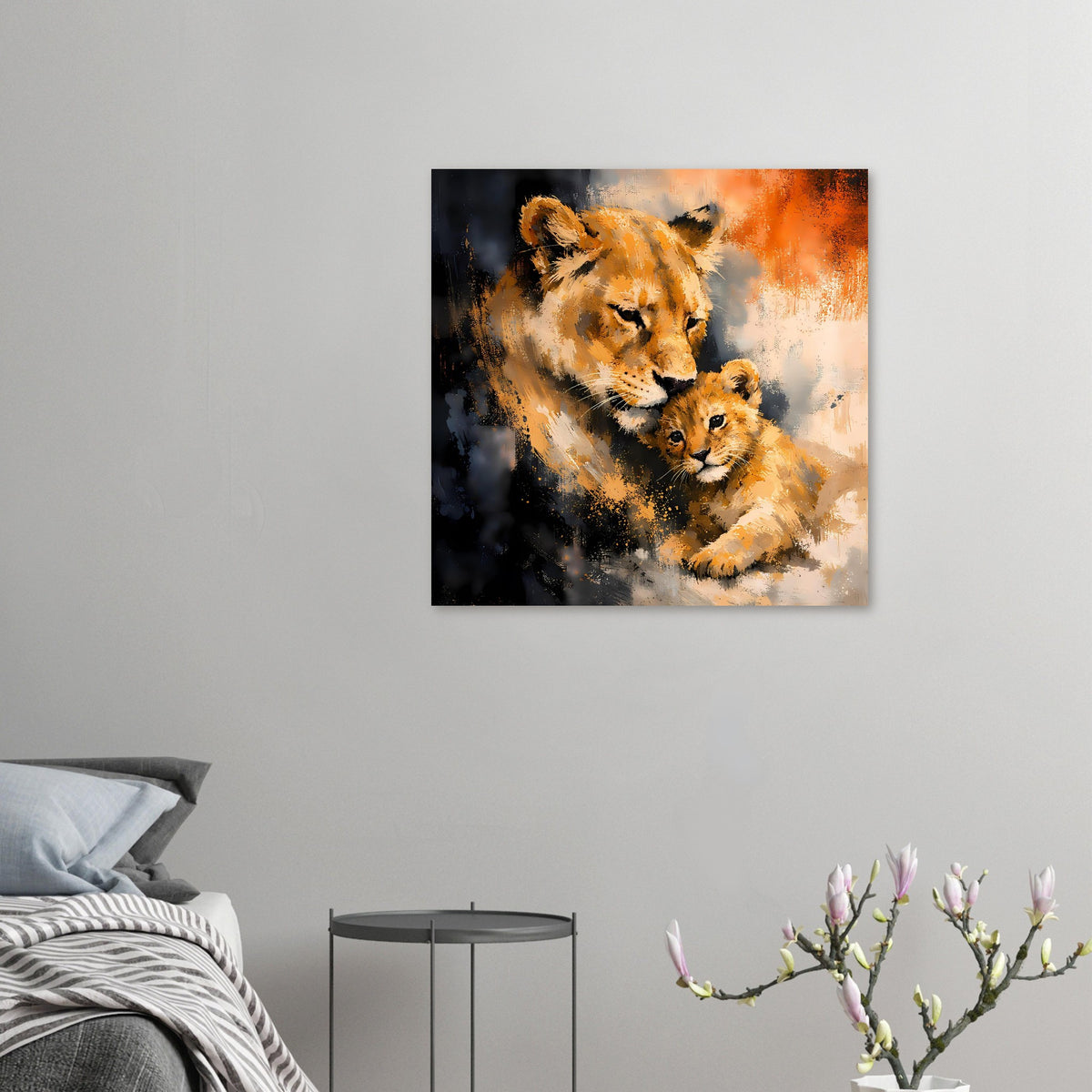 Kleines Poster mit Löwin und Jungtier, warmes Orange-Grau Motiv in gemalener Optik