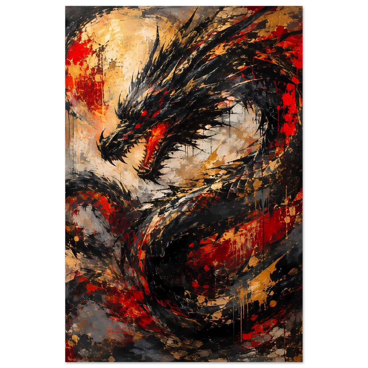 Abstraktes Drachenkunst-Poster: schwarzer Drache, Rot-Schwarz-Gold, abstrakte Pinselstriche