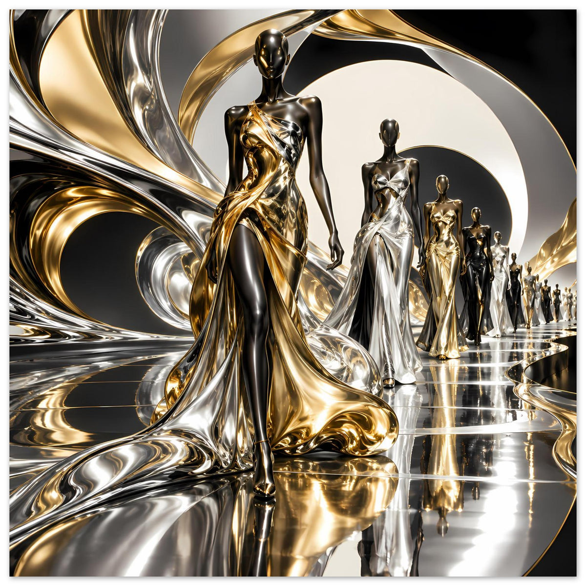 Poster mit abstrakten Figuren in Gold, Silber und Schwarz, geschwungenes Metallic-Muster