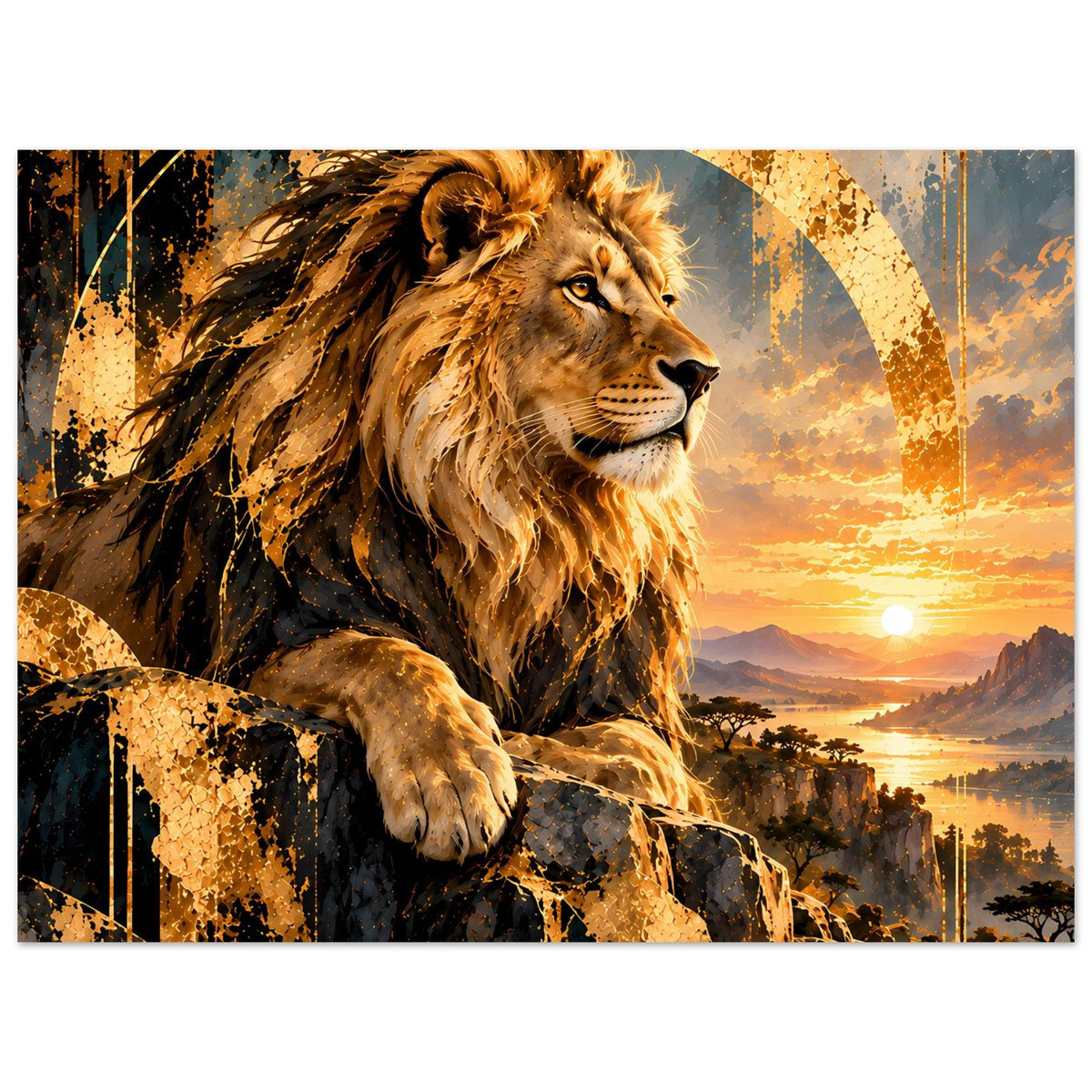 Löwen-Poster im Querformat: Löwe auf Felsen, leuchtende Sonne am Horizont
