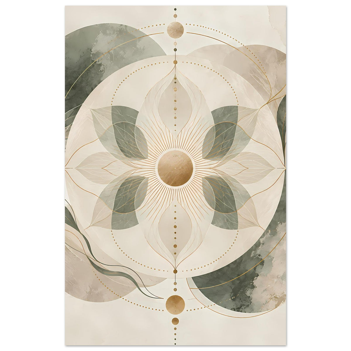 Zen-Poster im Hochformat mit Mandala: beiger Grund, grüne Blätter, goldene Kreisornamente