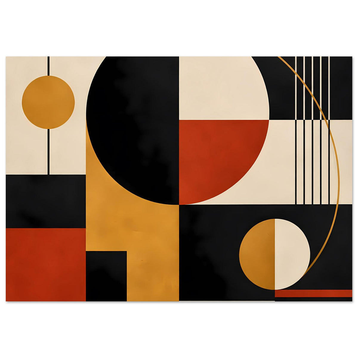 Geometrischer Kunstdruck mit großen und kleinen Kreisen sowie roten, schwarzen und gelben Flächen