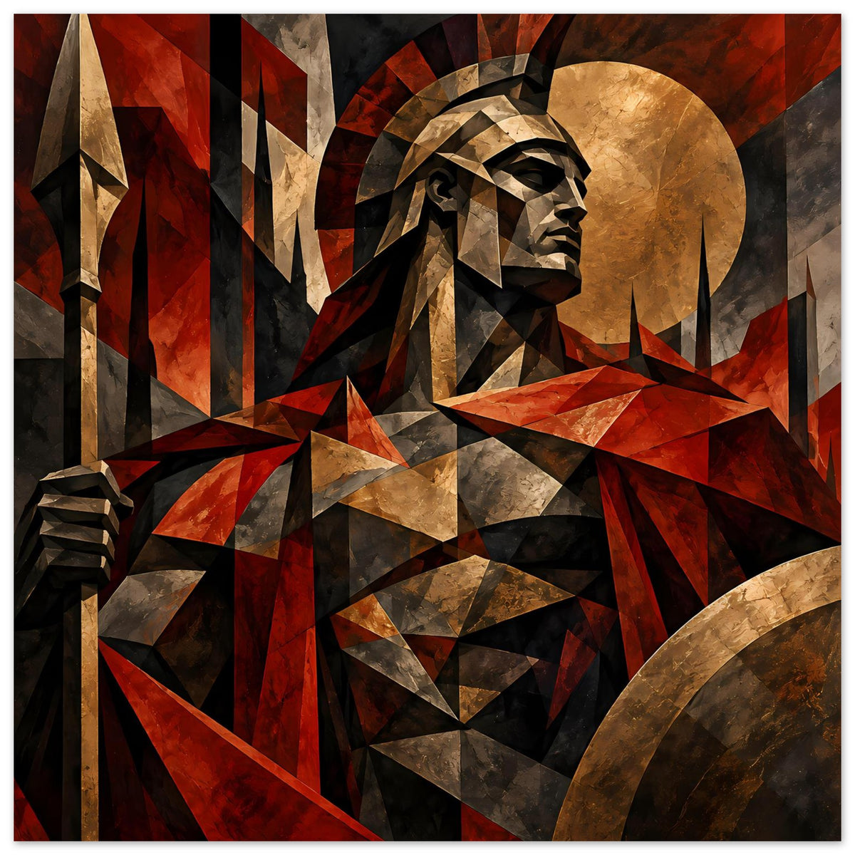 Spartaner-Krieger-Poster mit geometrischen Klingenformen und Helm, Rot, Gold und Grau