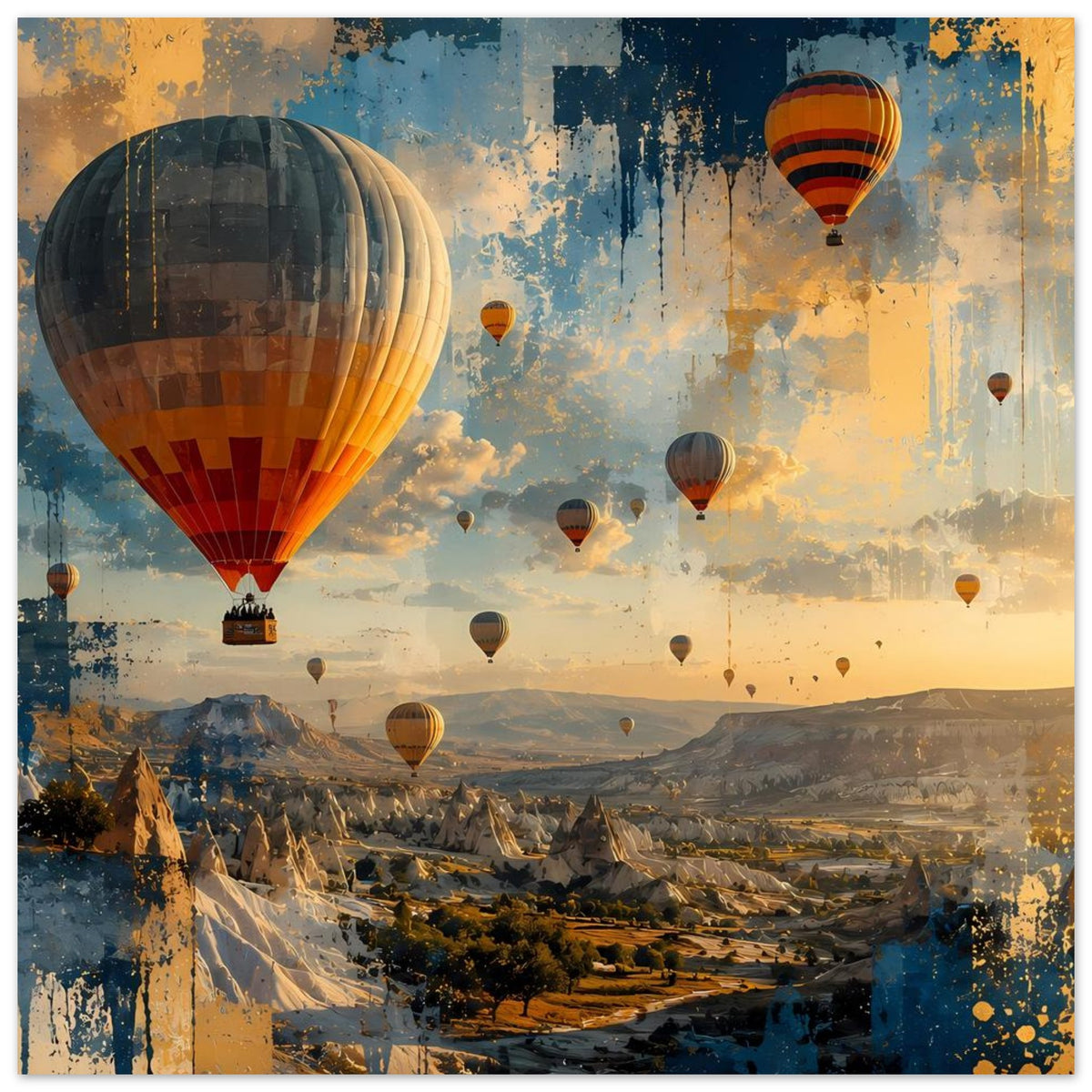 Landschaftsposter mit Heißluftballons: großer Ballon links, viele Ballons über felsigem Tal