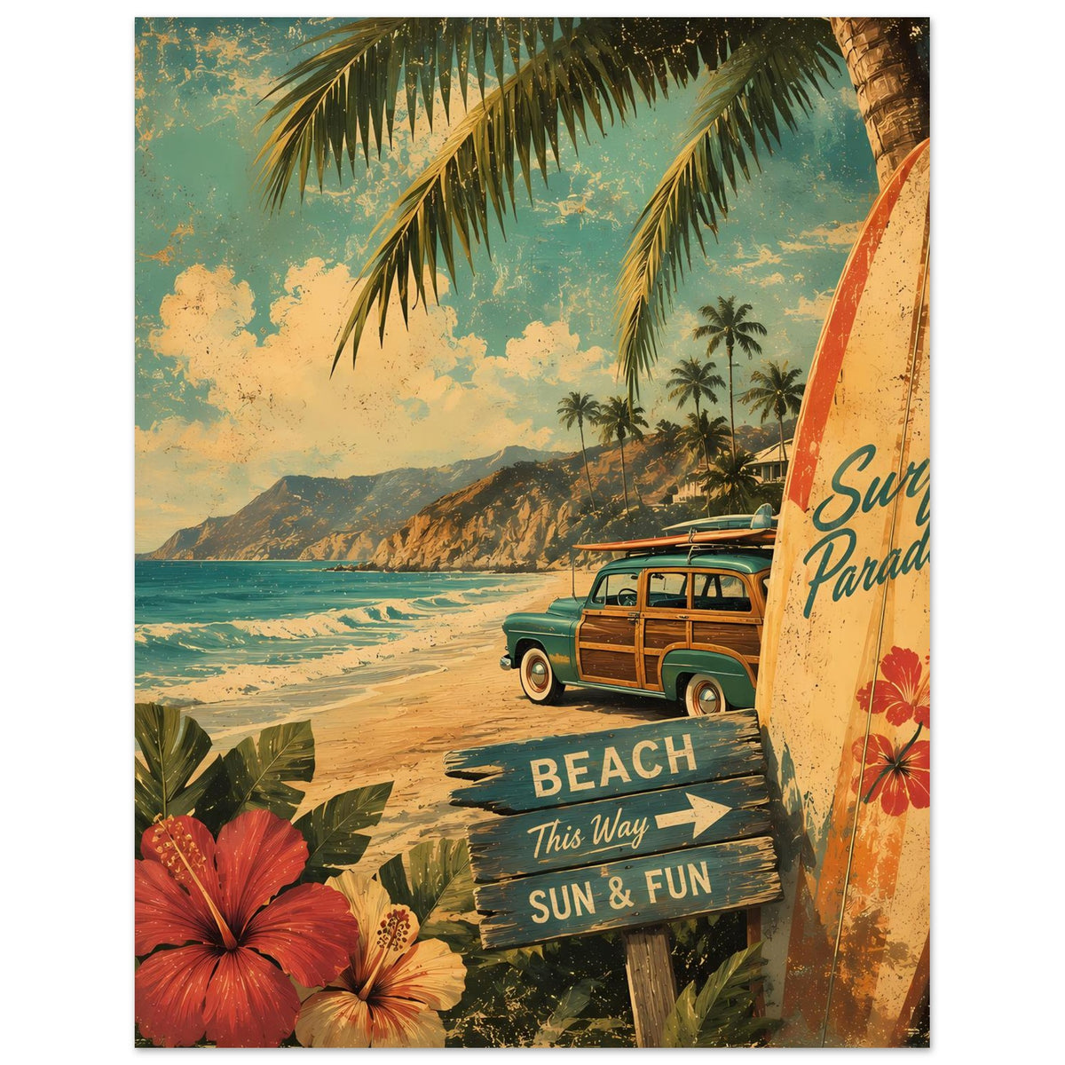 Vintage Strandposter mit Surfbord rechts, Oldtimer und Hibiskusblüten unten links