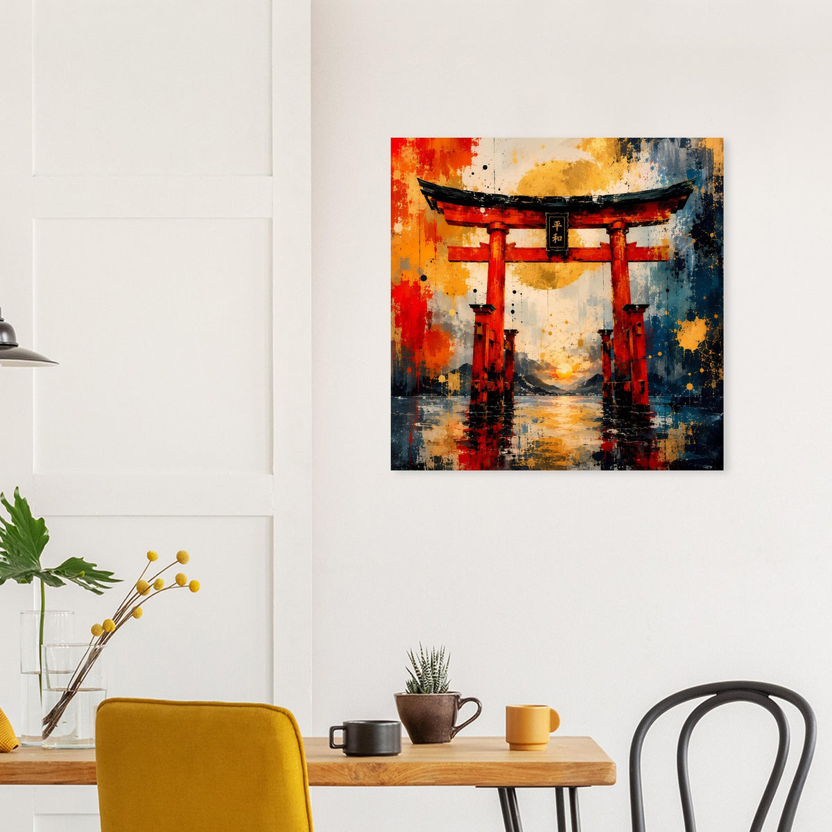 Poster mit rotem Torii-Tor, abstrakte Farbflächen und warmes Licht im Hintergrund