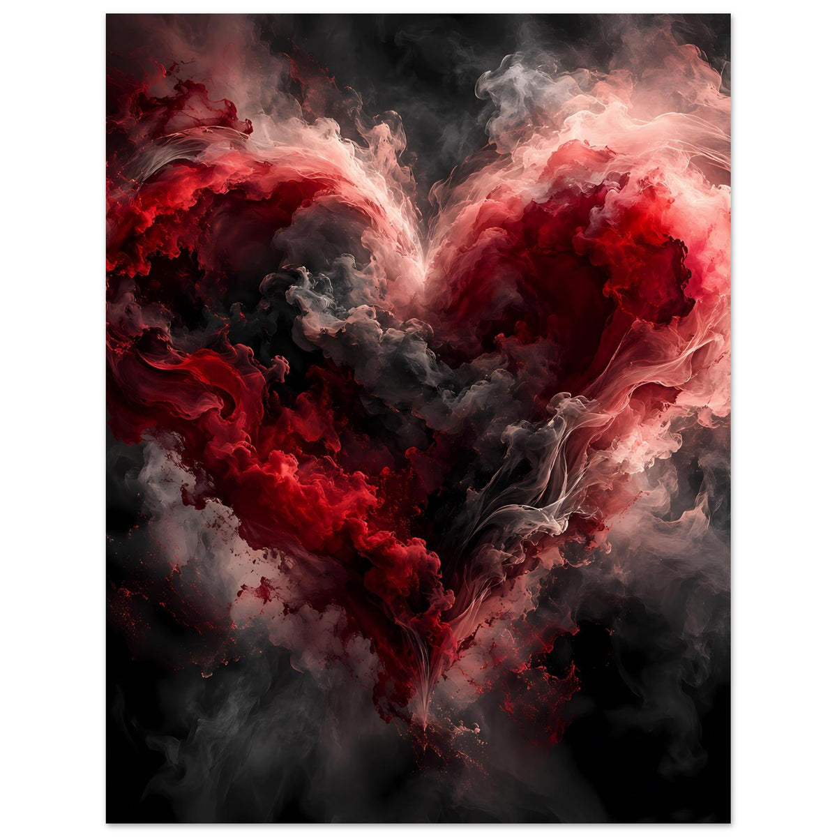 Poster: Herz aus Rauchwolken, dramatisches Rot, Schwarz und helle Grauflächen