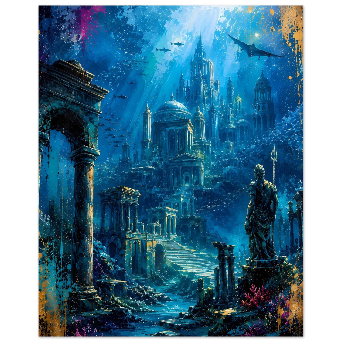 Hochformat-Poster mit zentraler Kuppel und vielen Türmen in tiefblauem Wasser, Statue