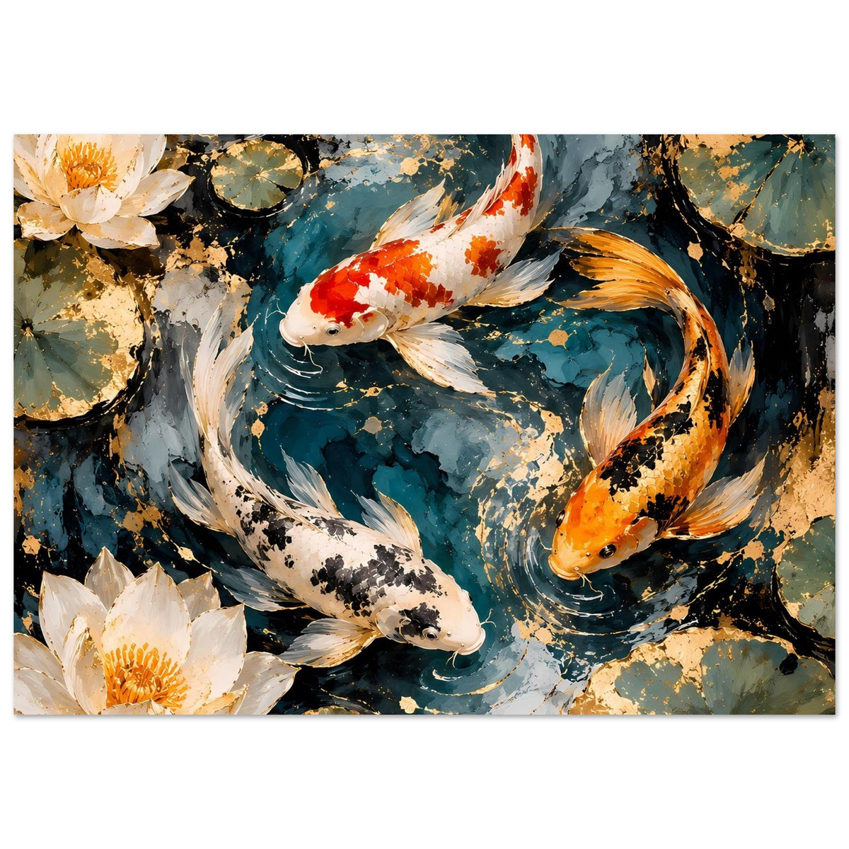 Kunstposter im Querformat: Koi-Fische und Seerosen im Teichmotiv