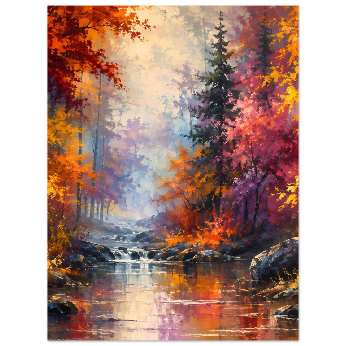 Herbstwald-Panorama-Poster mit Fluss, Herbstbäumen und Reflexionen, kräftige Farben, Hochformat