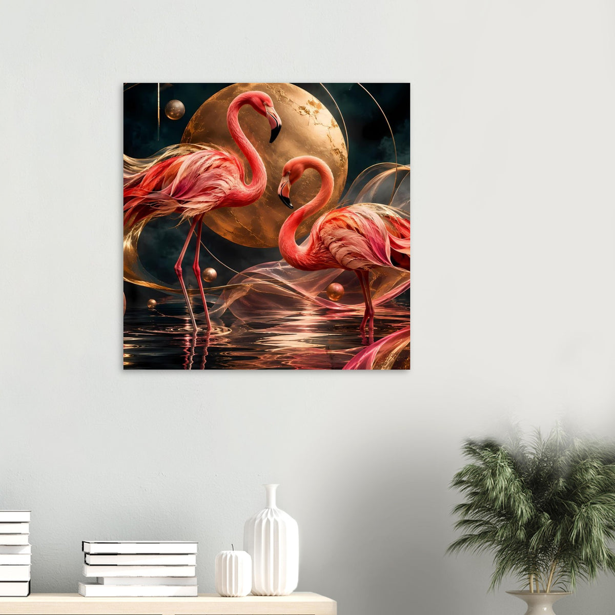 Horizontales Kunstposter: zwei rosa Flamingos, goldene Mondkugel, Reflexionen im Wasser