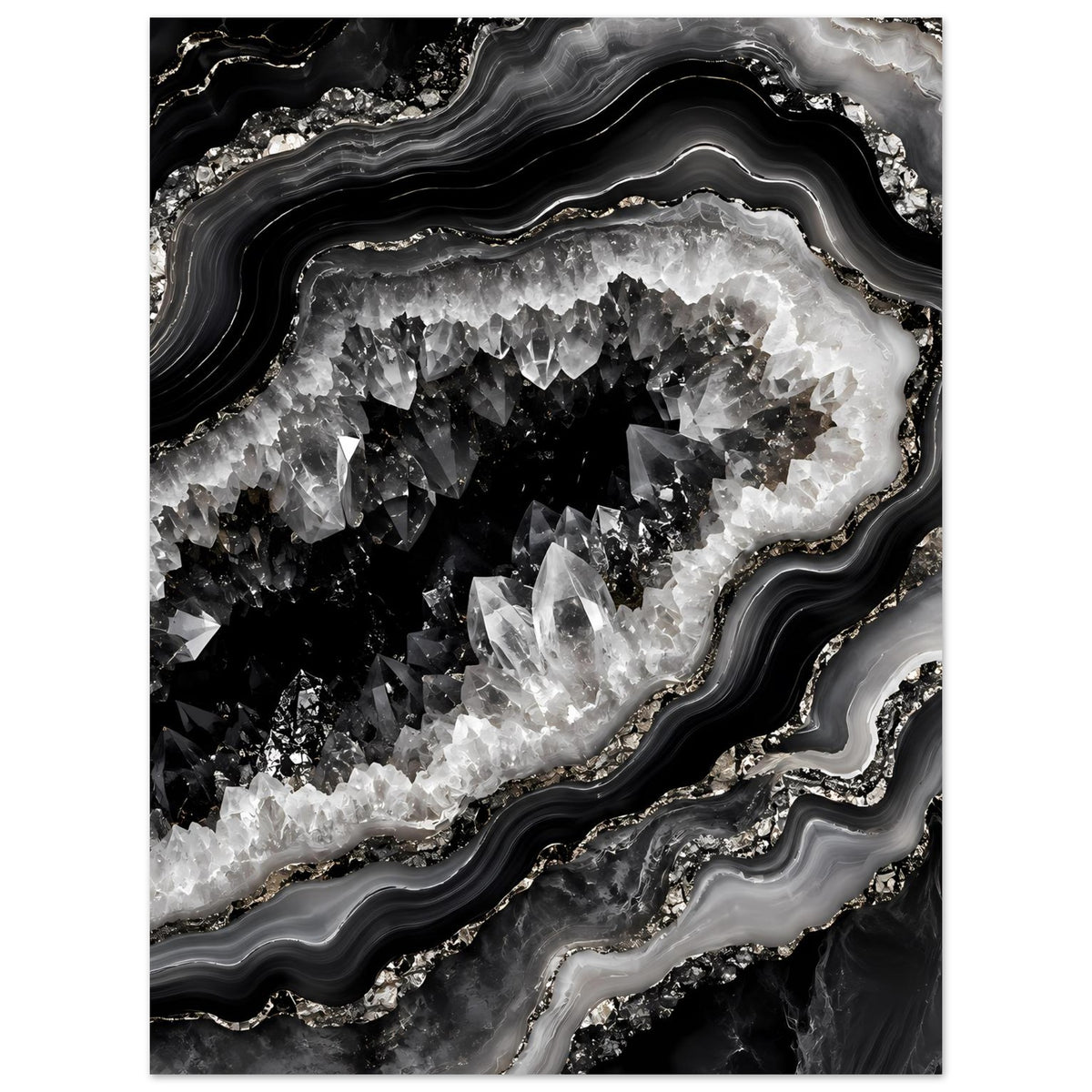 Geoden-Poster im Hochformat: silbrig-weiße Kristalle, schwarze Flächen und graue Wellenkanten