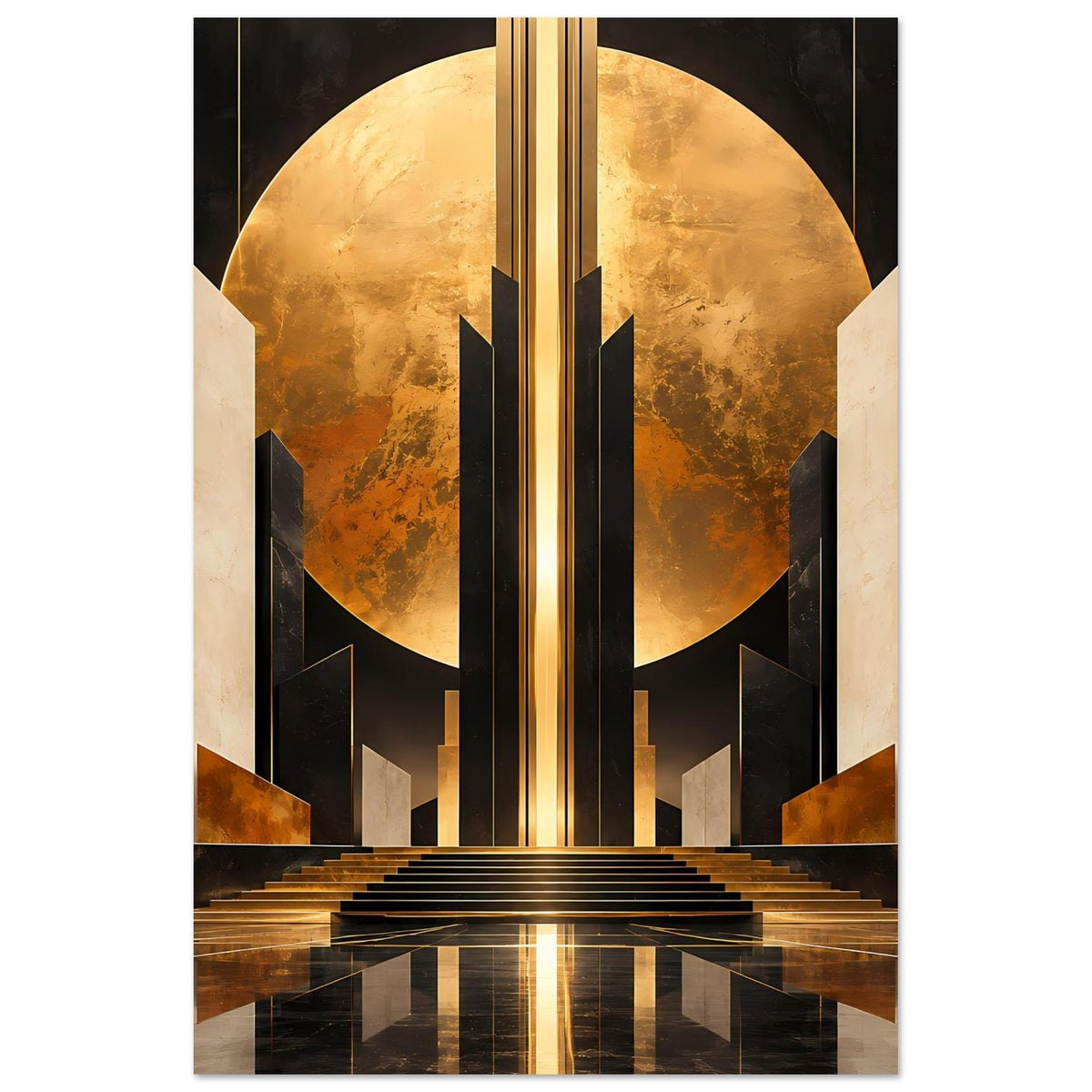 Art-Deco-Poster in Vertikaler Ausrichtung mit goldenem Kreis, schmalen schwarzen Pylonen