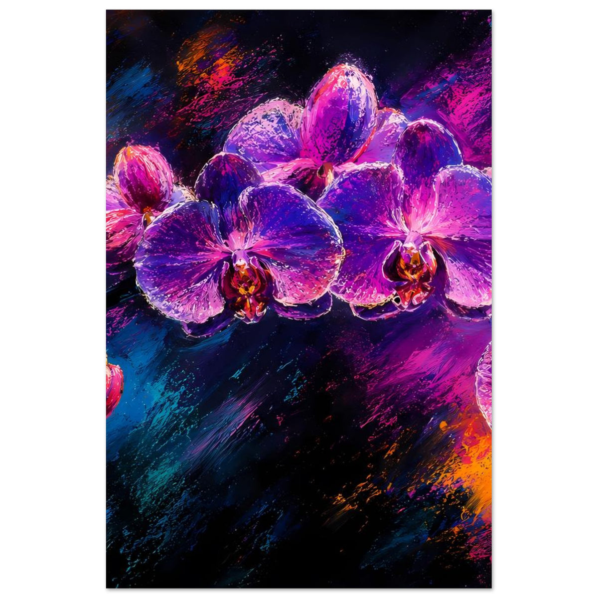 Poster mit Orchideen in Lila, Pink und Dunkelblau auf abstraktem Pinselstrichmuster