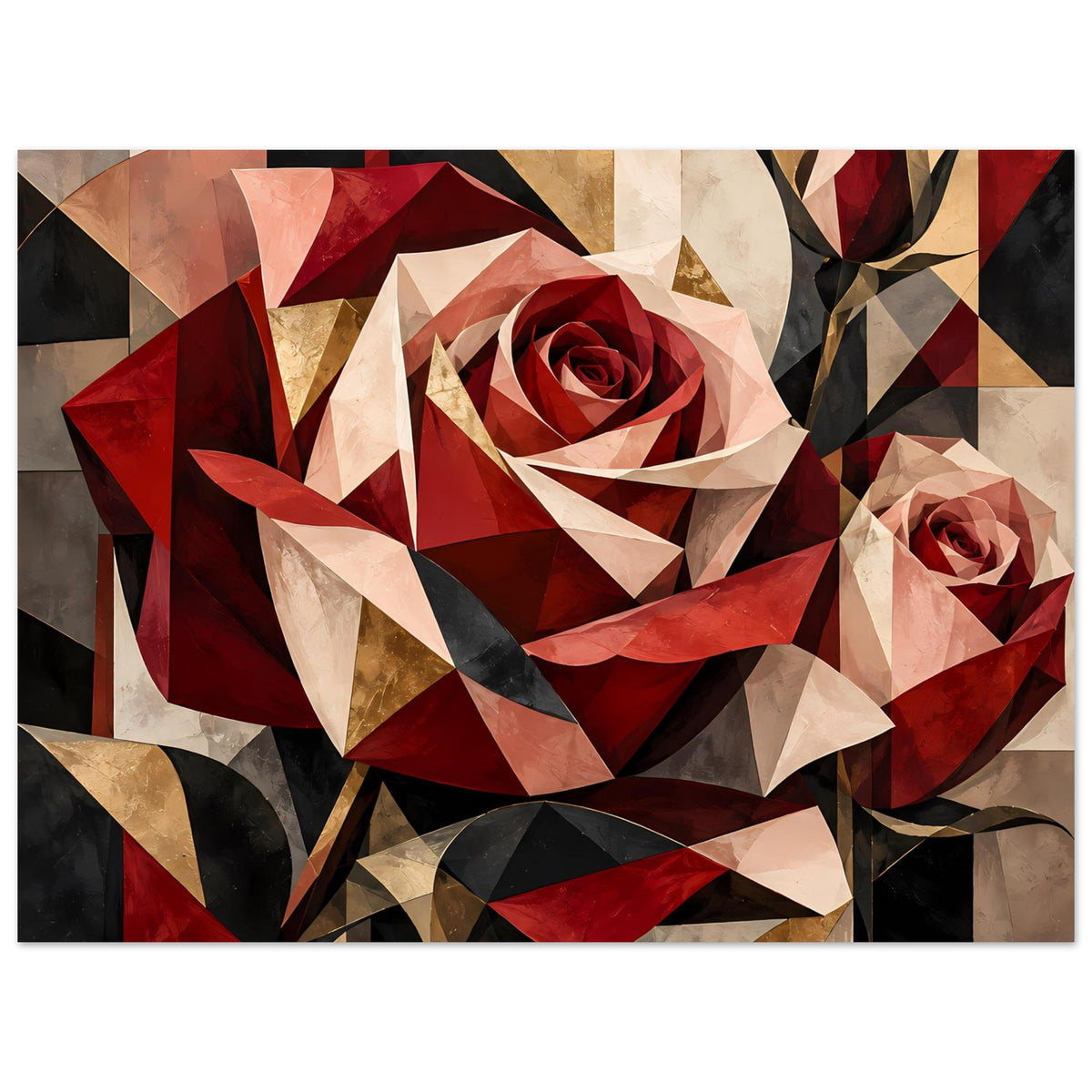 Geometrisches Blumenposter: große rote Rose mit goldenen und weißen Linien, gerahmt