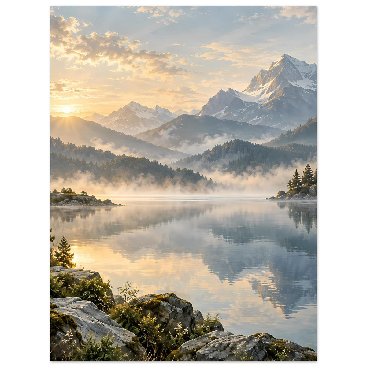 Vertikales Landschaftsposter: Bergsee bei goldenem Sonnenaufgang mit Nebel und Felsufer
