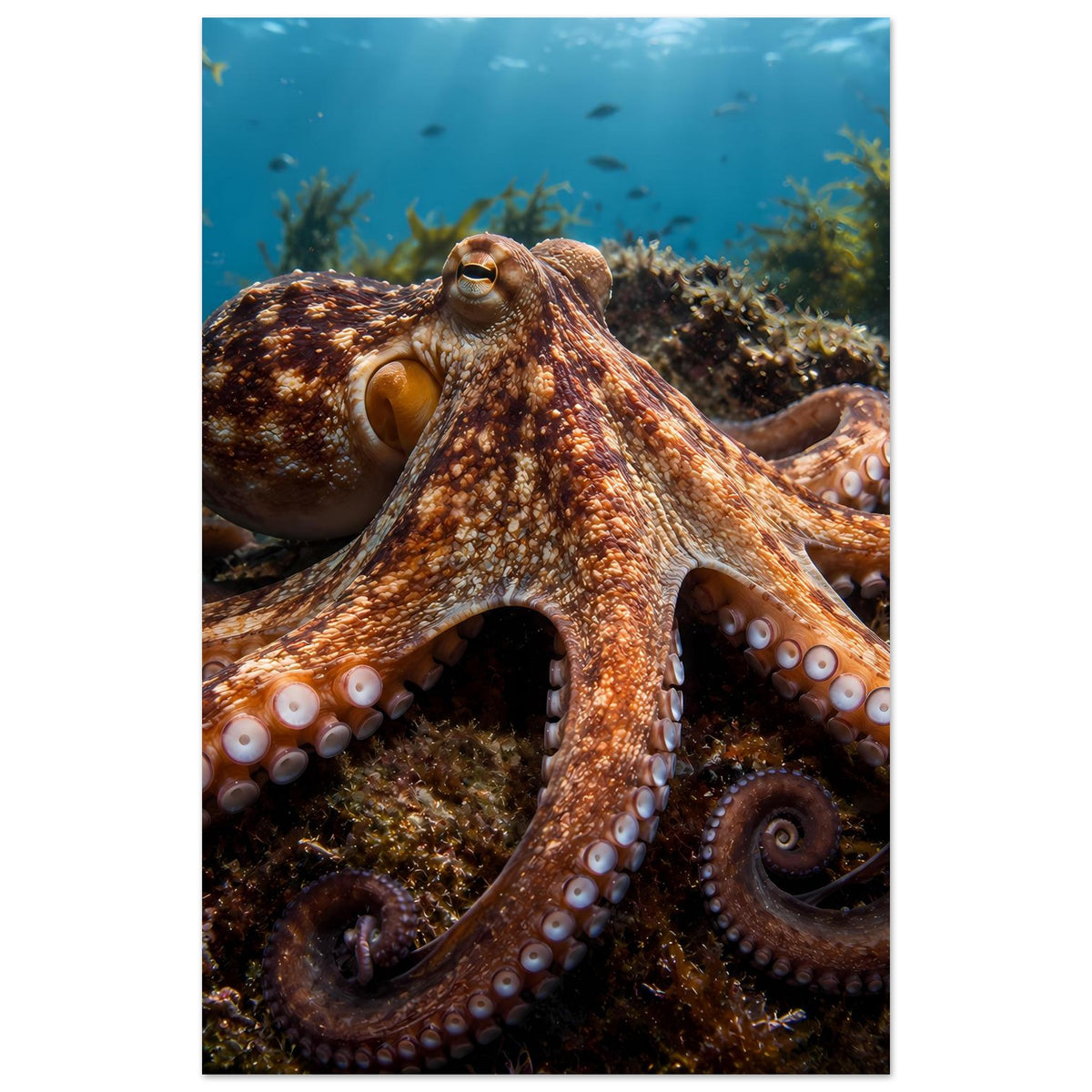 Kunstdruck (hochformat): Oktopus, große Tentakel mit Saugnäpfen und braunem Fellmuster