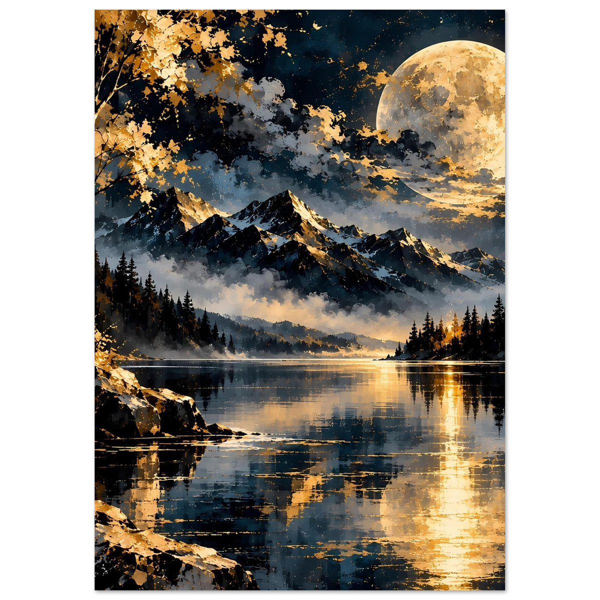 Landschaftsposter mit Vollmond über Bergsee, Bergkette, Nadelwäldern und goldenen Wasserreflexen.