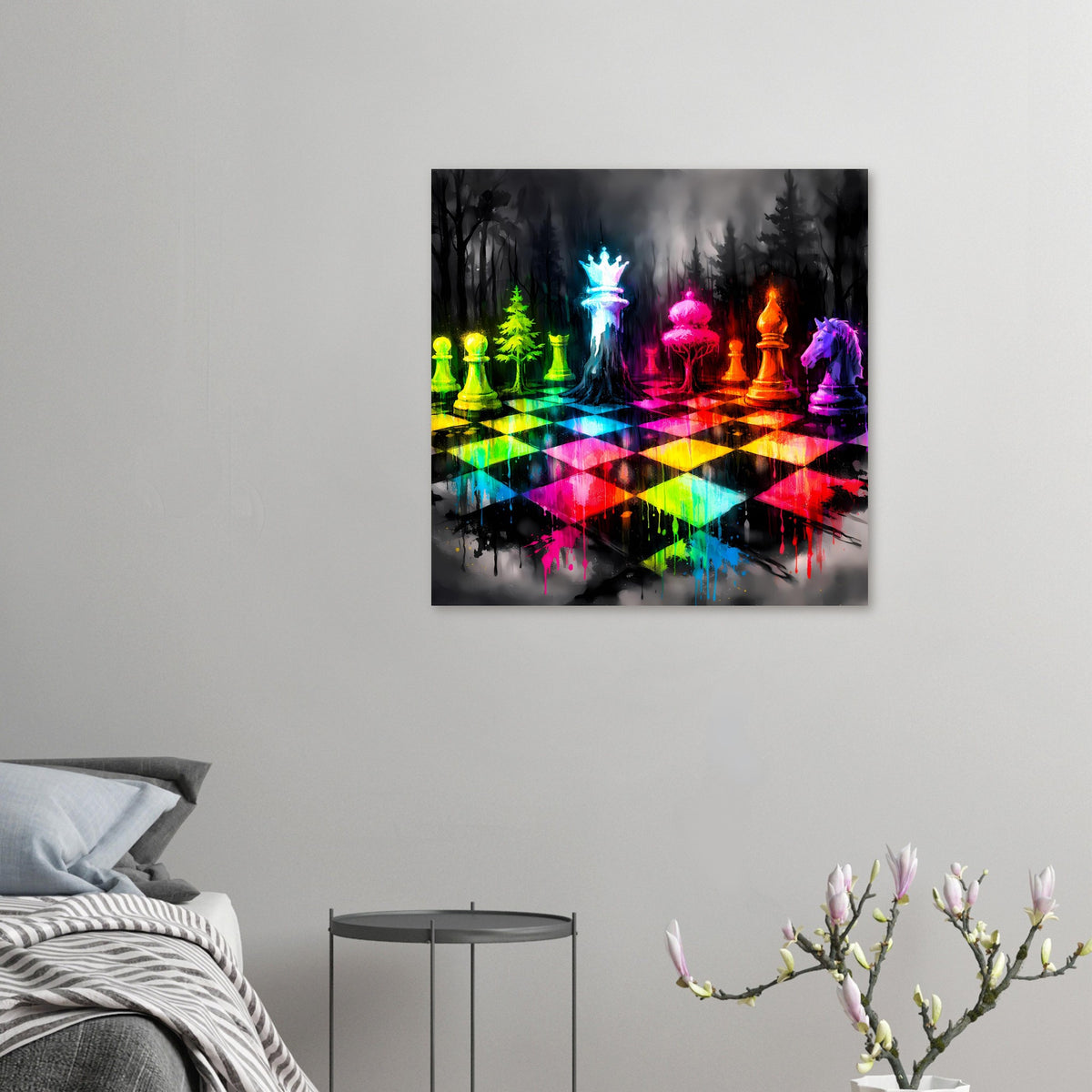 Schachspiel-Poster in kleiner Wandansicht: Neon-Schachfiguren und bunt leuchtendes Schachbrett