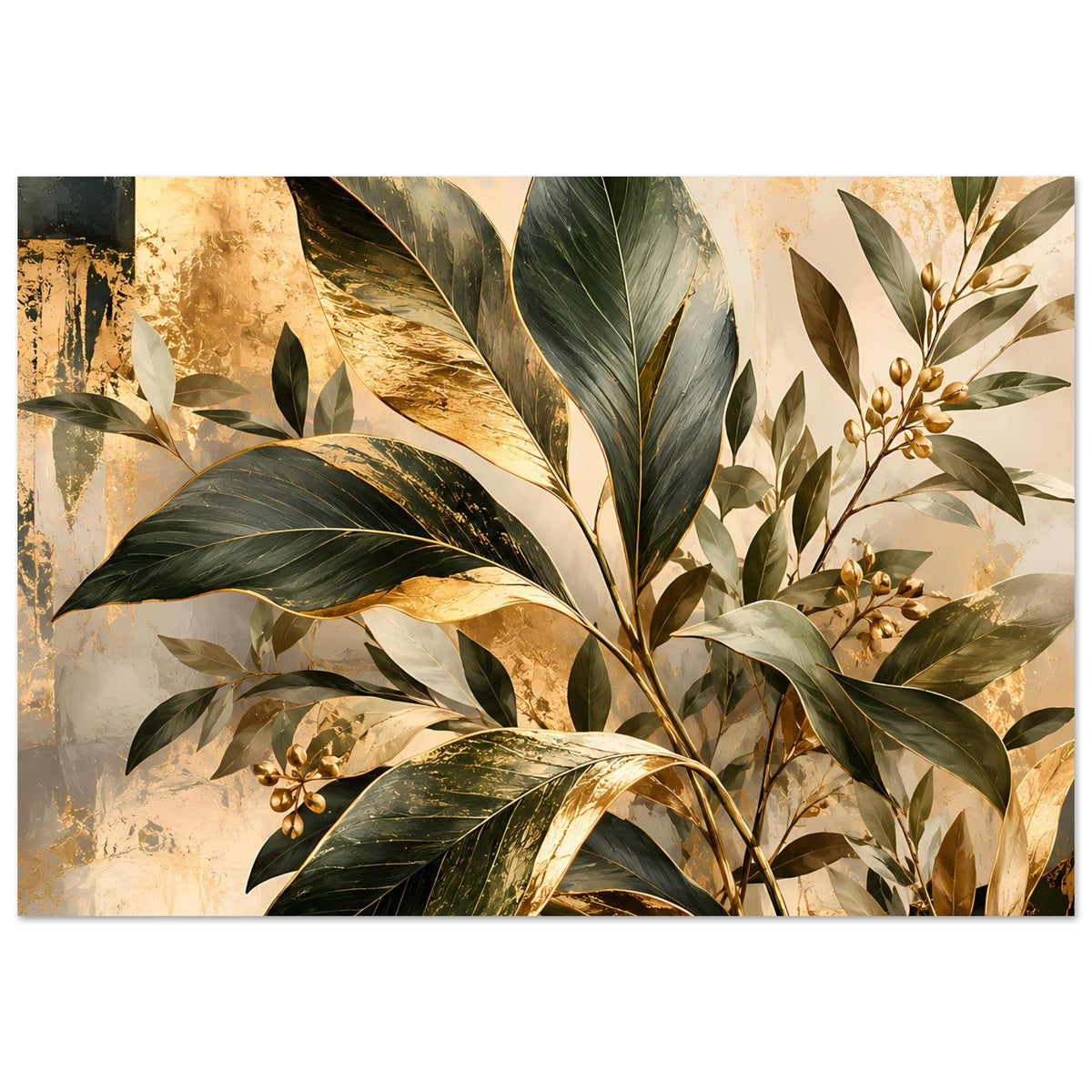 Botanisches Poster mit goldenen Blatt-Highlights und grünen Blättern, in warmen Beigetönen