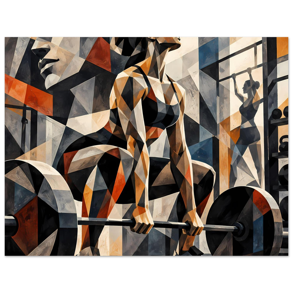 Abstraktes Fitness-Poster mit geometrischer Figur und Langhantel, Schwarz, Blau, Orange