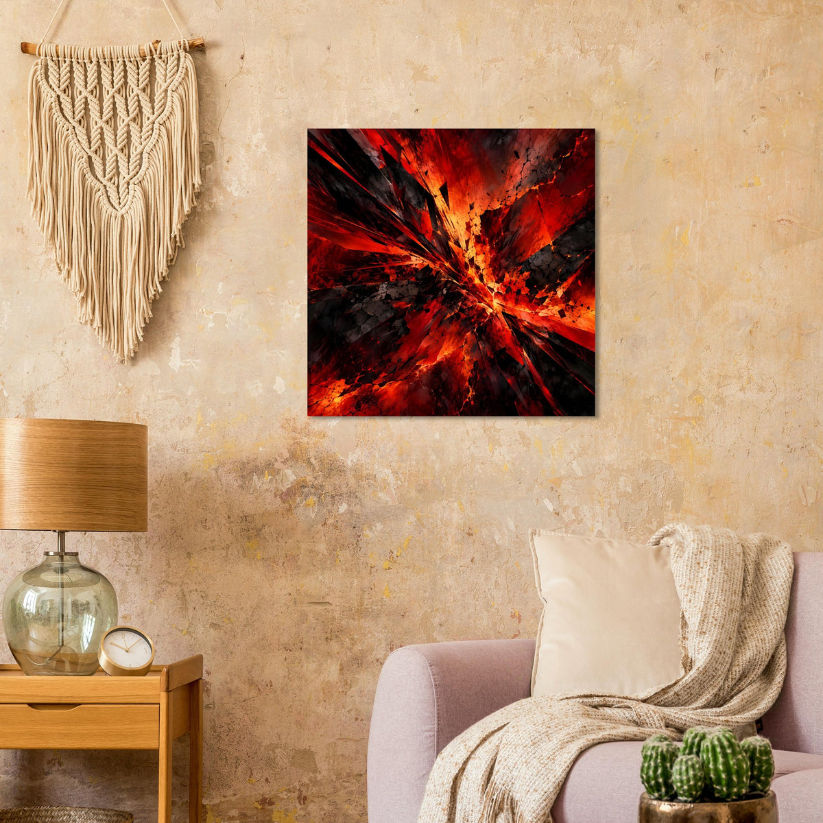Quadratisches Kunstposter mit roter, schwarzer Spiral-Explosion