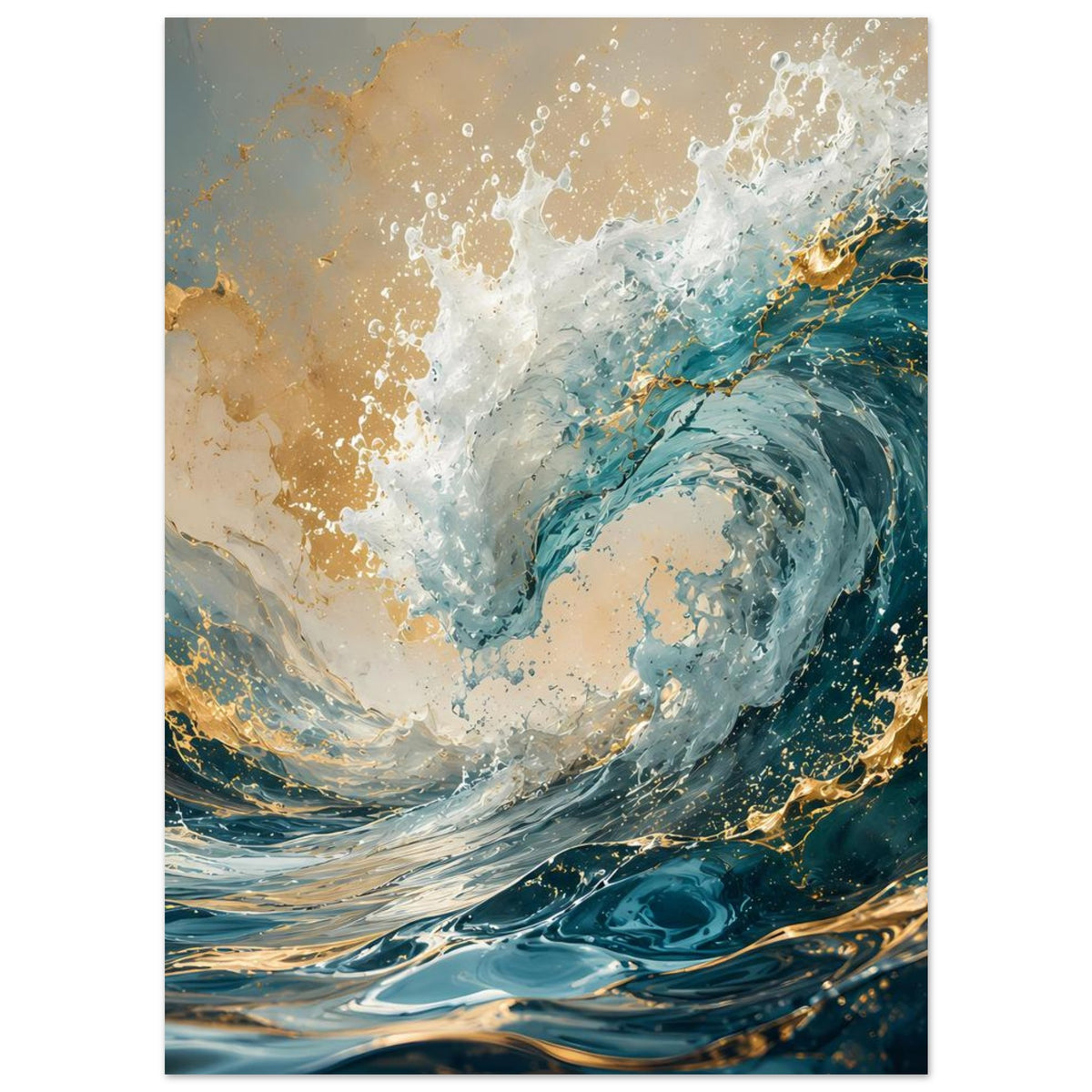 Abstraktes Poster mit großer Welle in Türkis und Dunkelblau, weißem Schaum und goldenen Linien