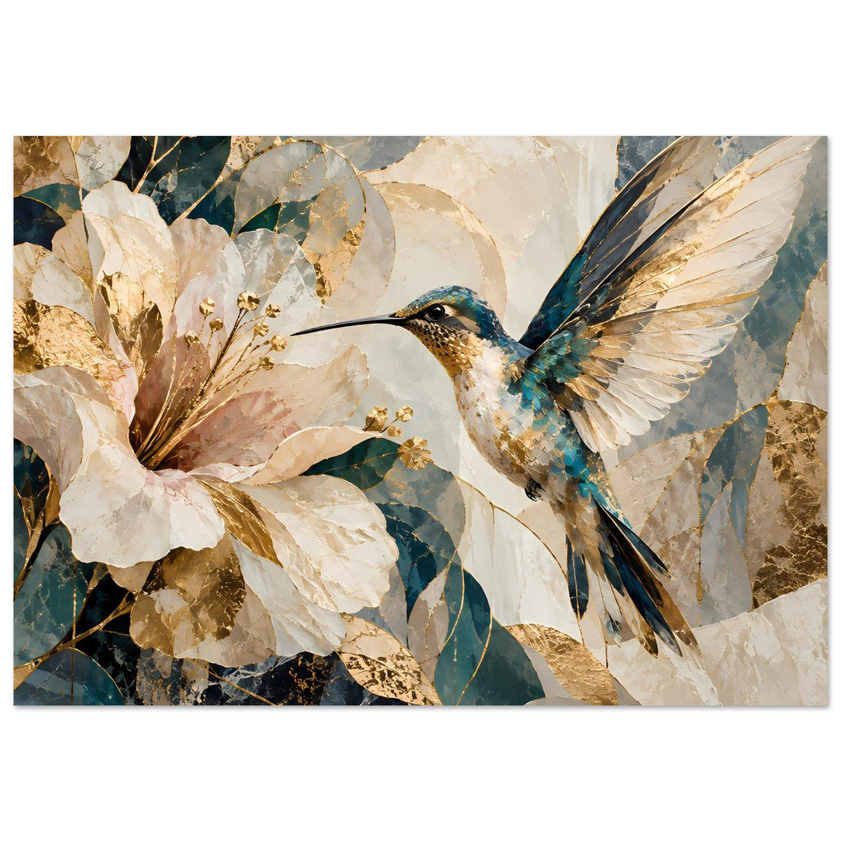Wandposter im Querformat: Kolibri fliegt zwischen großen weißen Blüten und goldenen Blättern